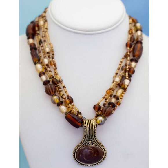 18 inch, Vintage Abstract Brown Oval Bead Gold Tone Multistrand Necklace - M35 - Picture 2 of 3